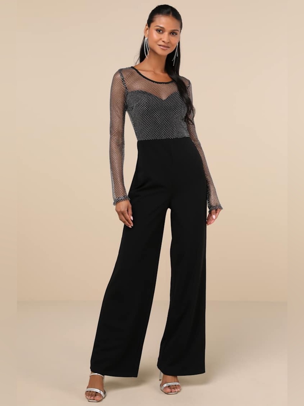 NWT Lulus Beyond Glamorous Black Fishnet Rhinestone Jumpsuit Size Large